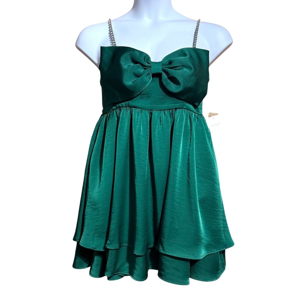 NWT‎ Altar'd State Hunter green Stassia Bow dress w/ rhinestone straps Medium